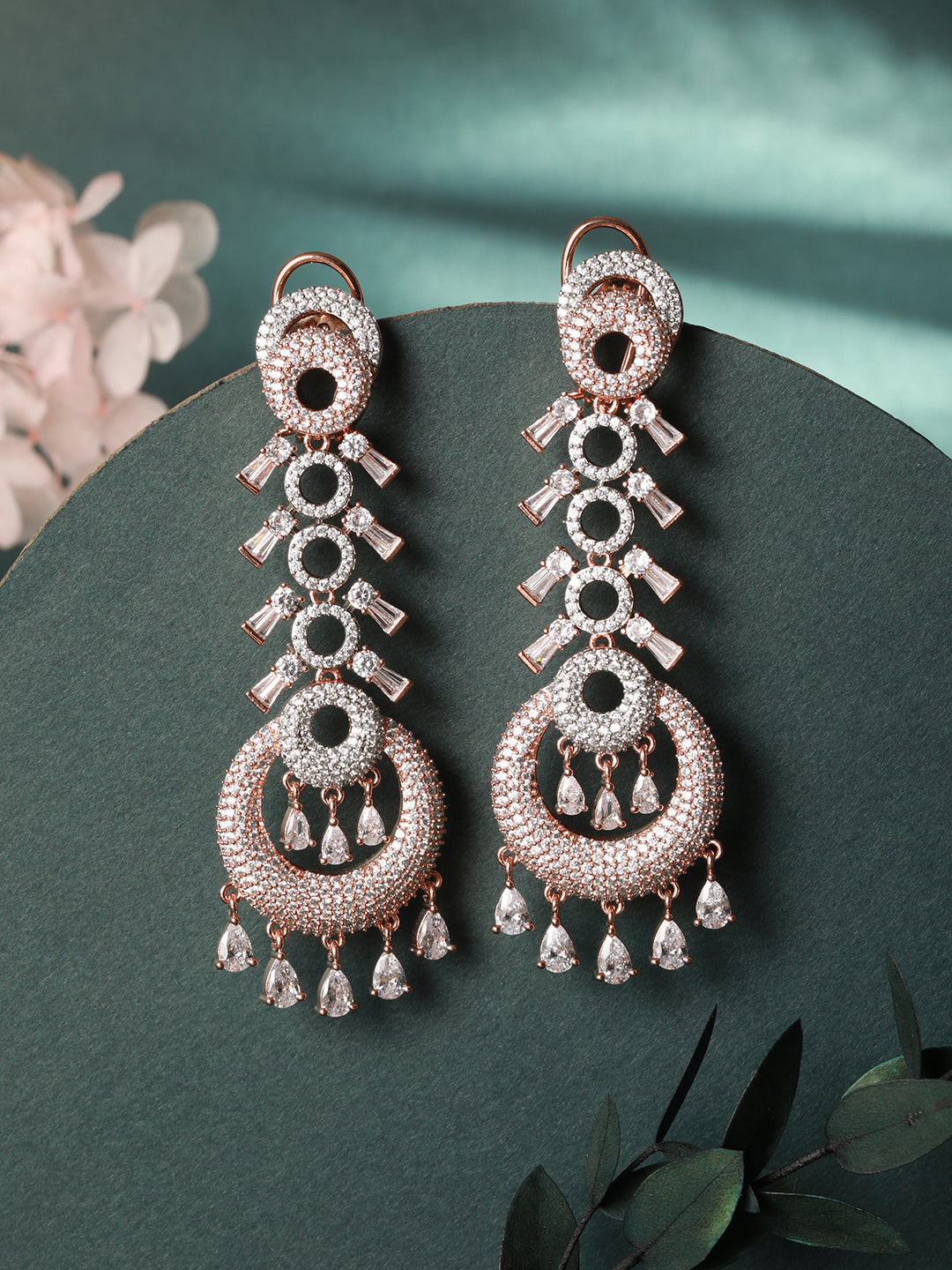 Rose Gold Plated White AD studded Circular Chandelier Dropdown Handcrafted Earrings